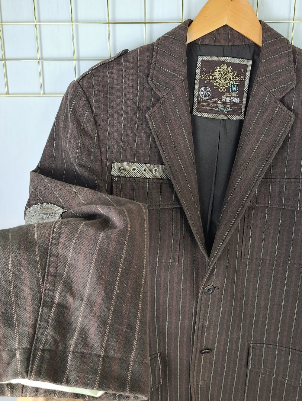 Marc Ecko Cut & Sew Y2K Brown Striped Military Graphic Blazer Sport Coat
